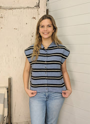 Stripe Cap Sleeve Button Front Top in Blue by Entro
