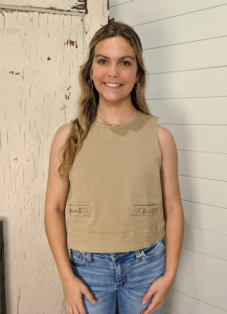Solid Sleeveless Top with Horsebit Pocket Detail in Camel by Entro
