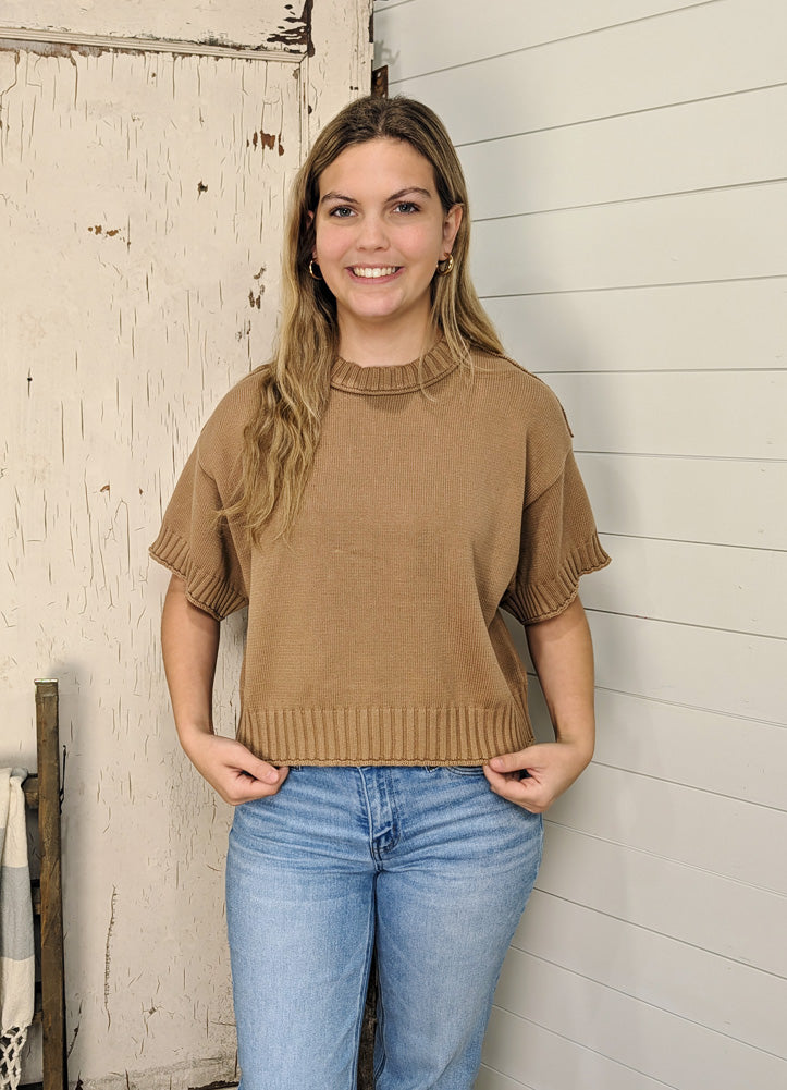 Solid Drop Shoulder SS Ribbed Trim Top in Camel by Entro