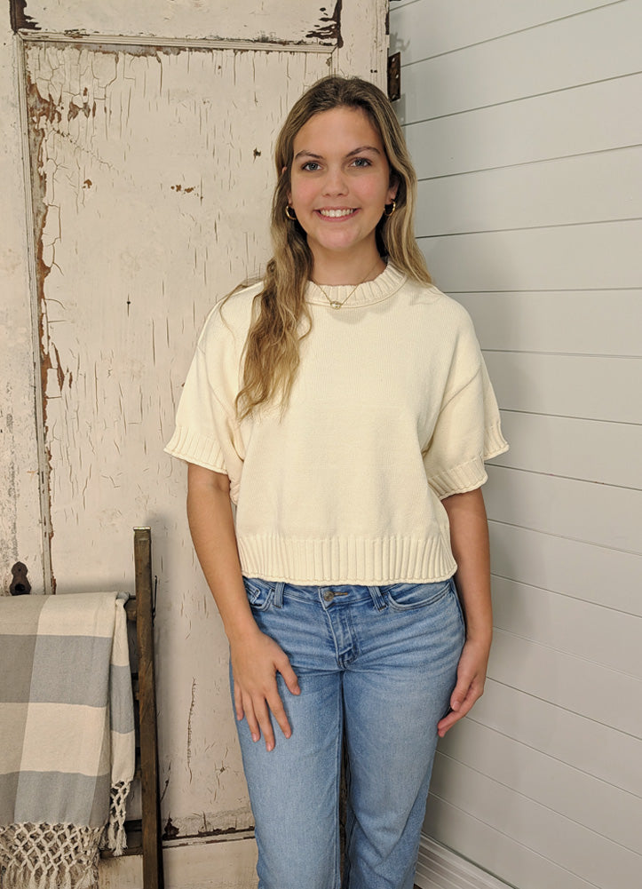Solid Drop Shoulder SS Ribbed Trim Top in Ecru by Entro