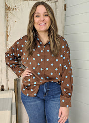 Polka Dot LS Button Front Blouse in Brown by Entro