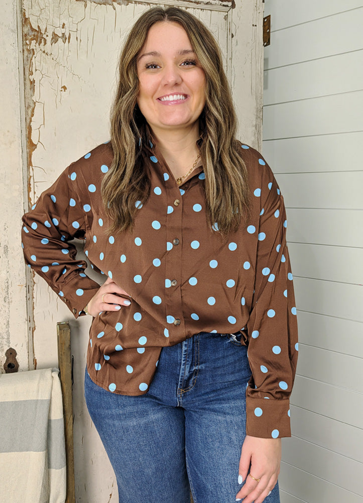 Polka Dot LS Button Front Blouse in Brown by Entro