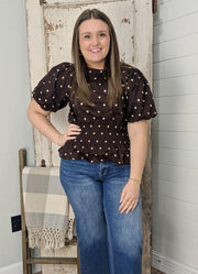 Puff Sleeve Polka Dot Top with Ruched Waist in Brown by Entro