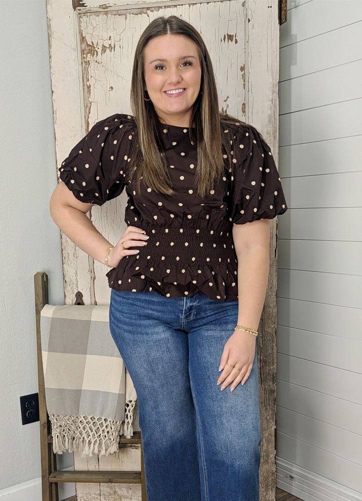 Puff Sleeve Polka Dot Top with Ruched Waist in Brown by Entro