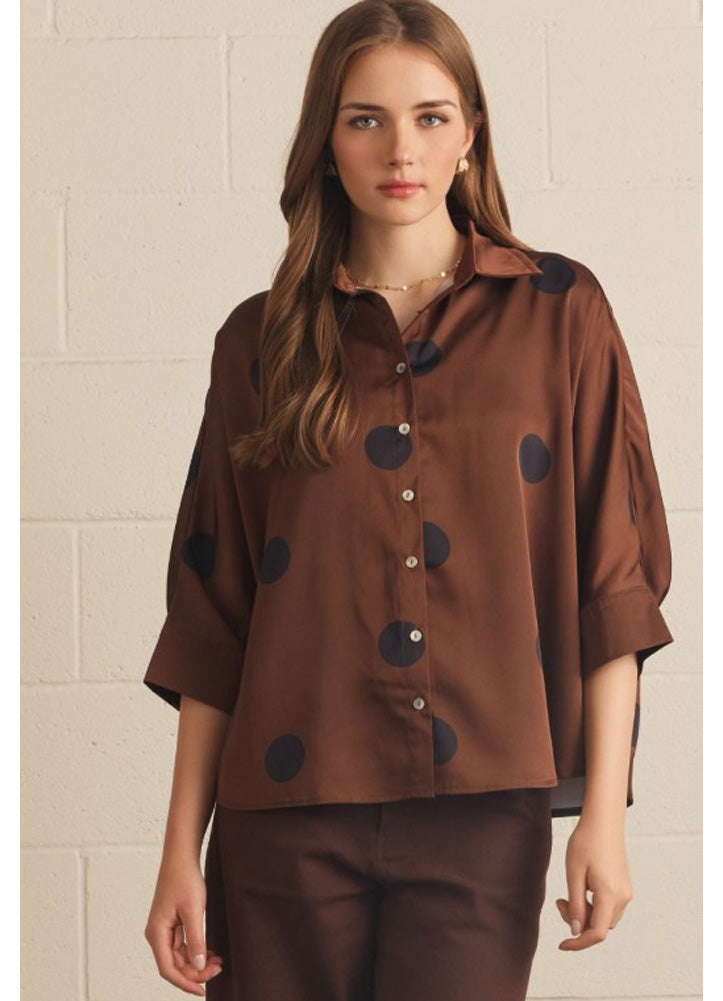 Polka Dot Collared 3/4 Sleeve Top in Brown by Entro Inc