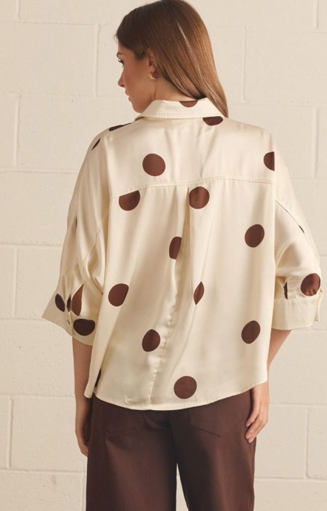 Polka Dot Collared 3/4 Sleeve Top in Cream by Entro Inc