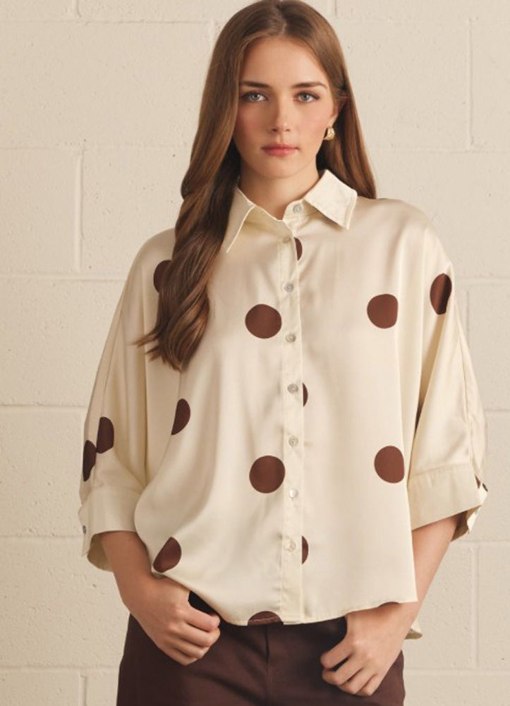 Polka Dot Collared 3/4 Sleeve Top in Cream by Entro Inc