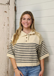 Stripe SS Mock Neck Sweater in Ecru by Entro