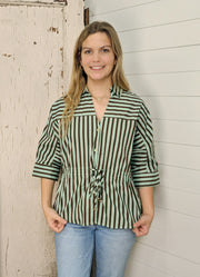 Striped 3/4 Sleeve Top with Drawstring Waist in Mint/Brown by Entro