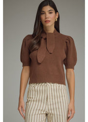 Short Puff Sleeve Sweater Mock Neck Tie Top in Brown by Entro
