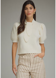 Short Puff Sleeve Sweater Mock Neck Tie Top in Cream by Entro Inc