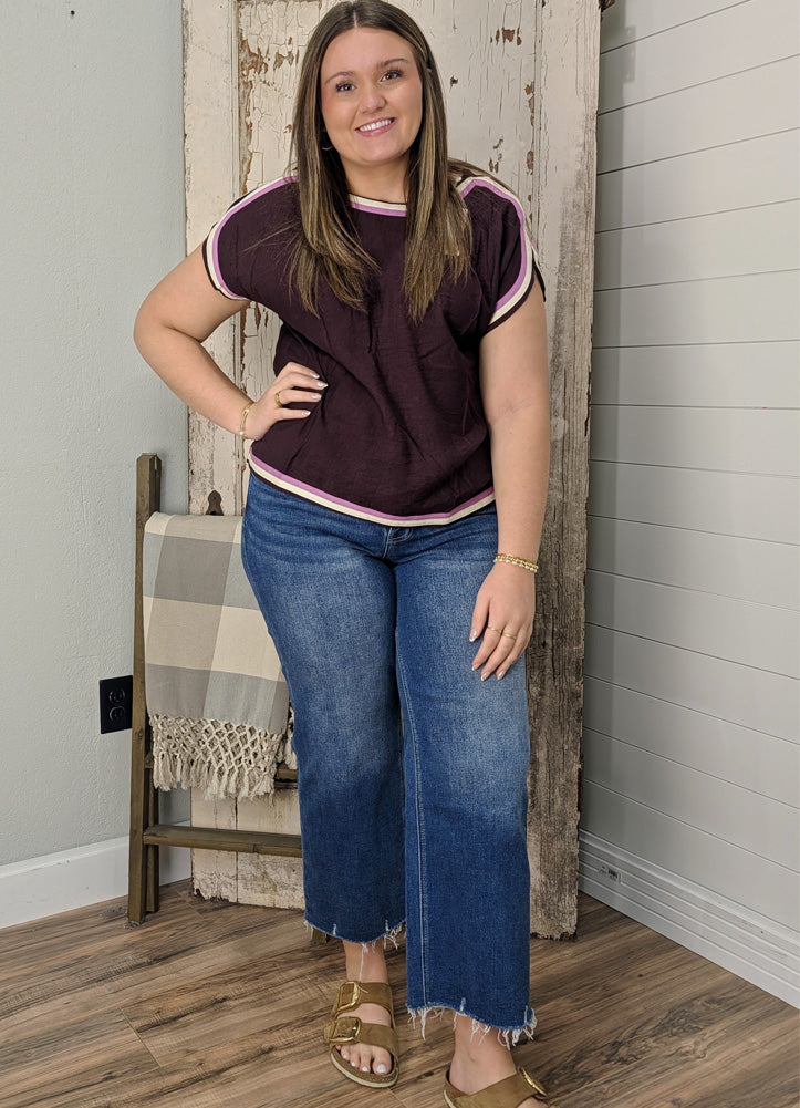 Solid SS Top with Contrast Trim in Chocolate by Entro