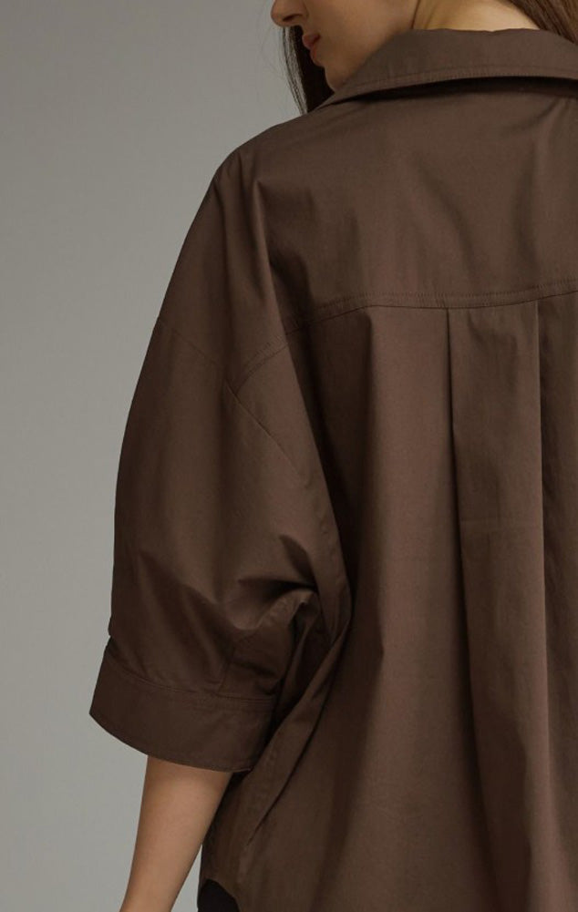 Solid 3/4 Sleeve Top Shirt Collar in Brown by Entro Inc