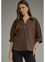 Solid 3/4 Sleeve Top Shirt Collar in Brown by Entro Inc