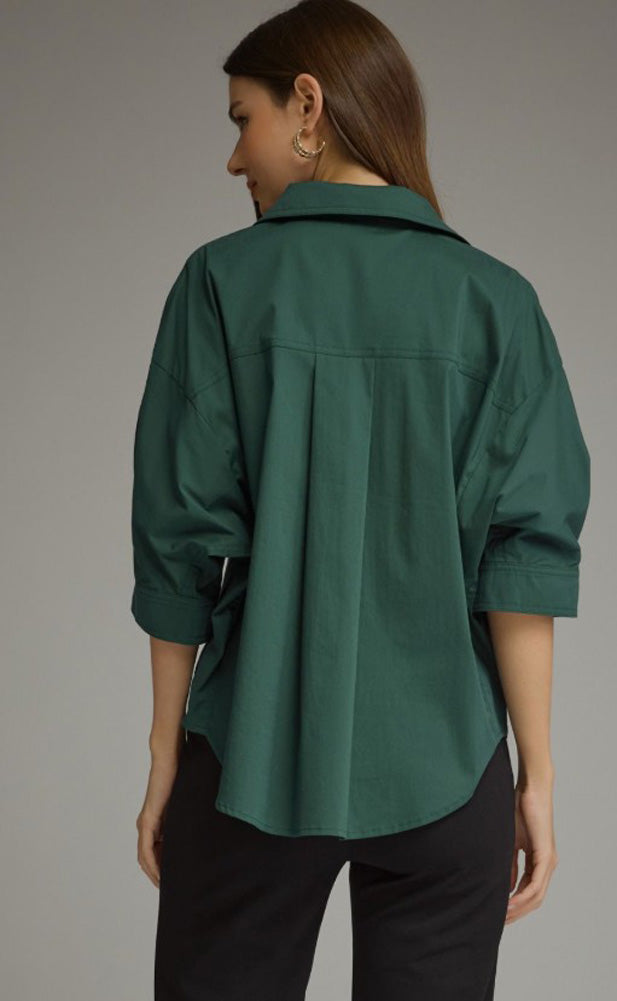 Solid 3/4 Sleeve Top Shirt Collar in H Green by Entro Inc