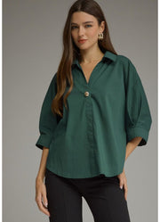 Solid 3/4 Sleeve Top Shirt Collar in H Green by Entro Inc