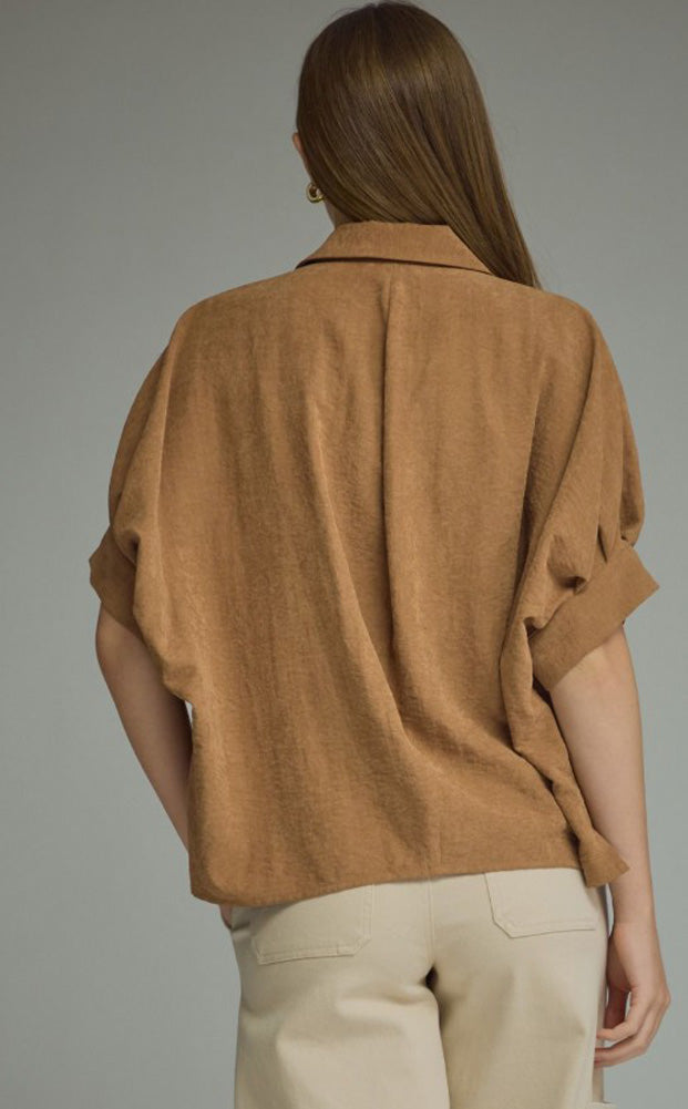 Short Dolman Sleeve Button Down Top in Camel by Entro Inc