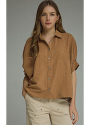 Short Dolman Sleeve Button Down Top in Camel by Entro Inc