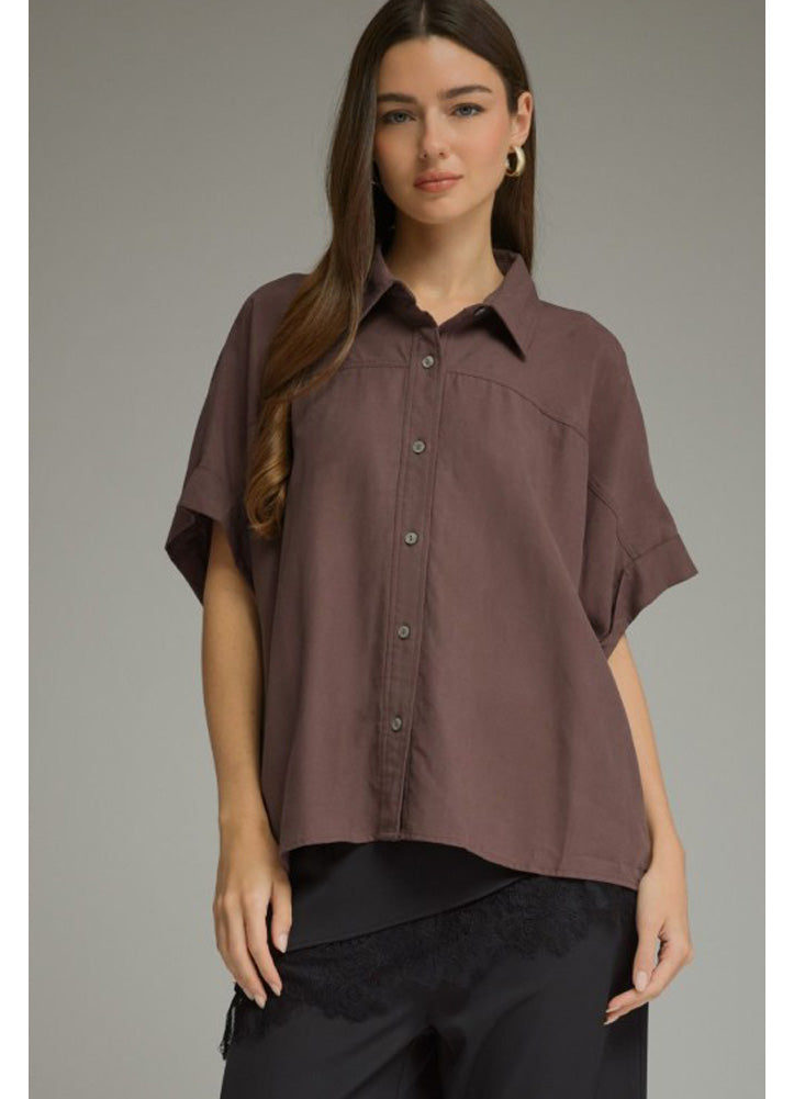 Drop Shoulder Crop Button Down Top in Brown by Entro Inc