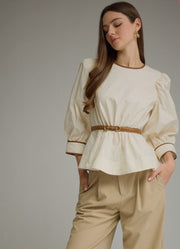 Solid LS Top with Puff Sleeves and Belt in Ecru by Entro