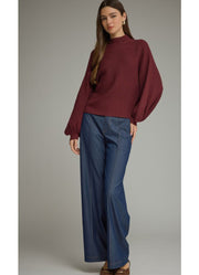 Balloon Sleeve Mock Neck Sweater in Burgundy by Entro Inc