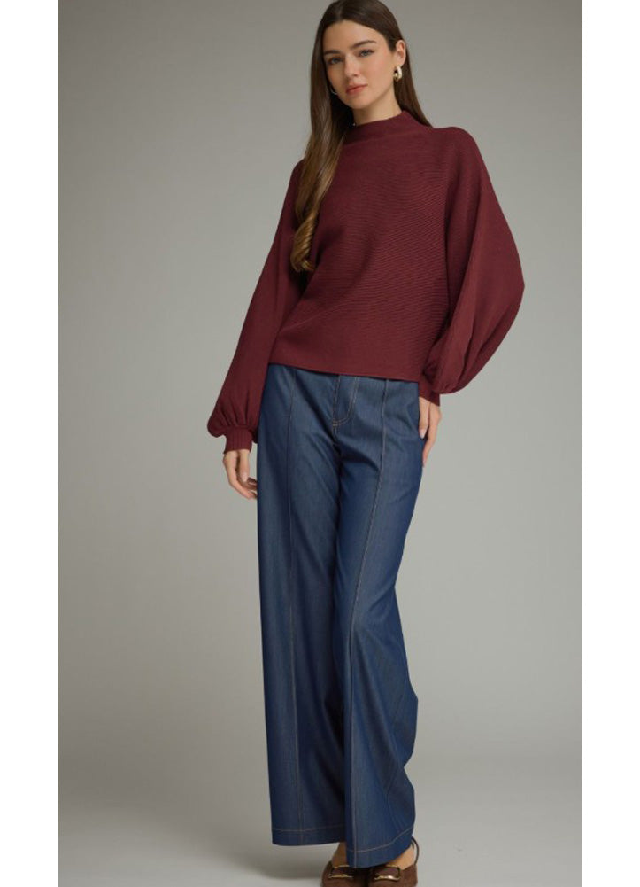 Balloon Sleeve Mock Neck Sweater in Burgundy by Entro Inc