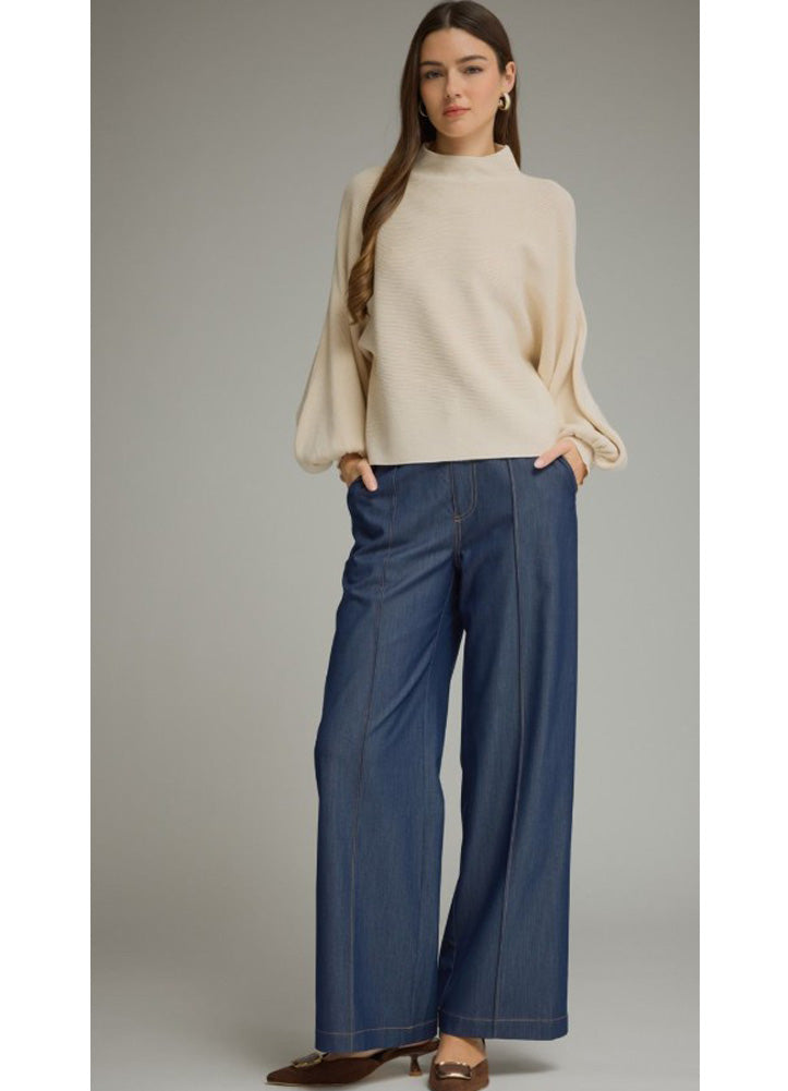 Balloon Sleeve Mock Neck Sweater in Ecru by Entro Inc