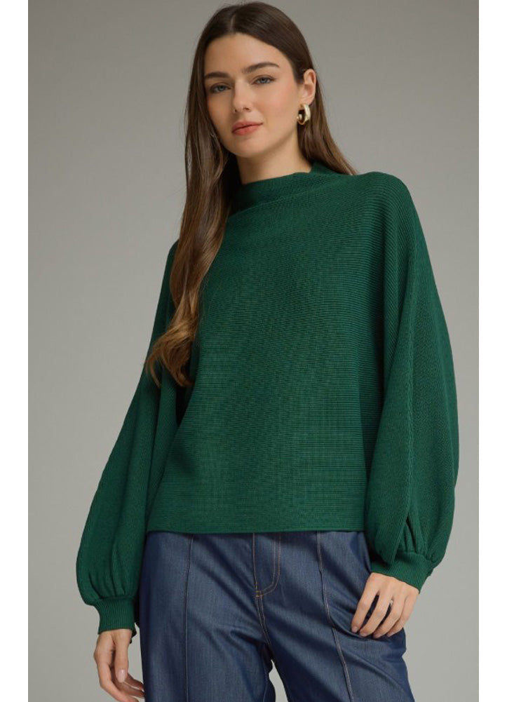 Balloon Sleeve Mock Neck Sweater in Pine by Entro Inc