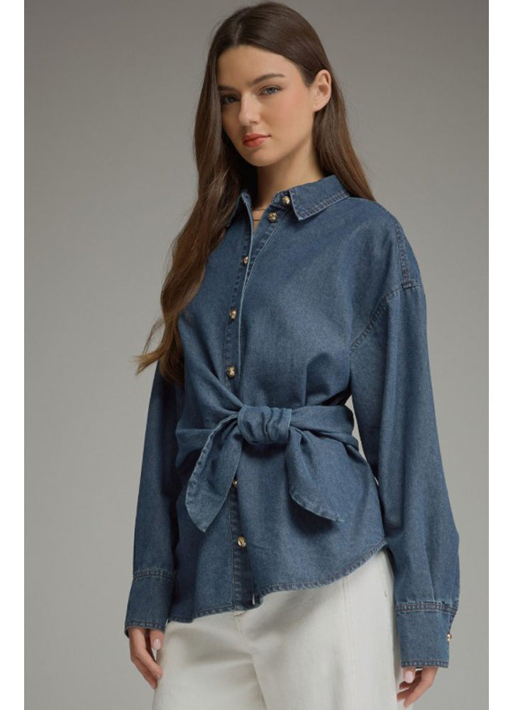 Solid Denim LS Top with Waist Tie by Entro