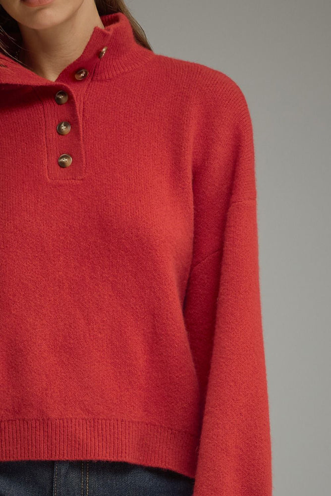 Balloon Sleeve Sweater Top with Stand Collar in Red by Entro Inc