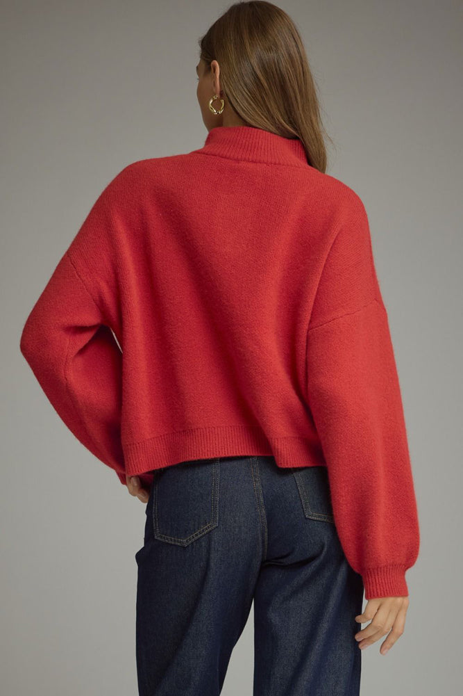Balloon Sleeve Sweater Top with Stand Collar in Red by Entro Inc