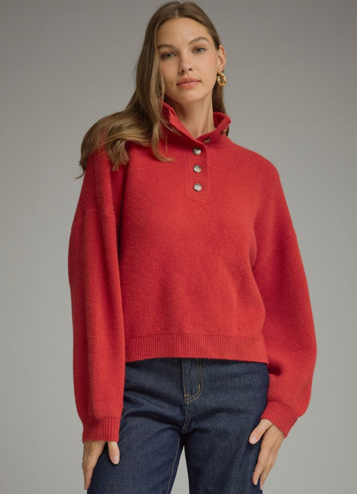 Balloon Sleeve Sweater Top with Stand Collar in Red by Entro Inc