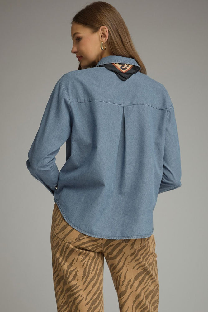 LS Top with Shirt Collar in Denim by Entro Inc