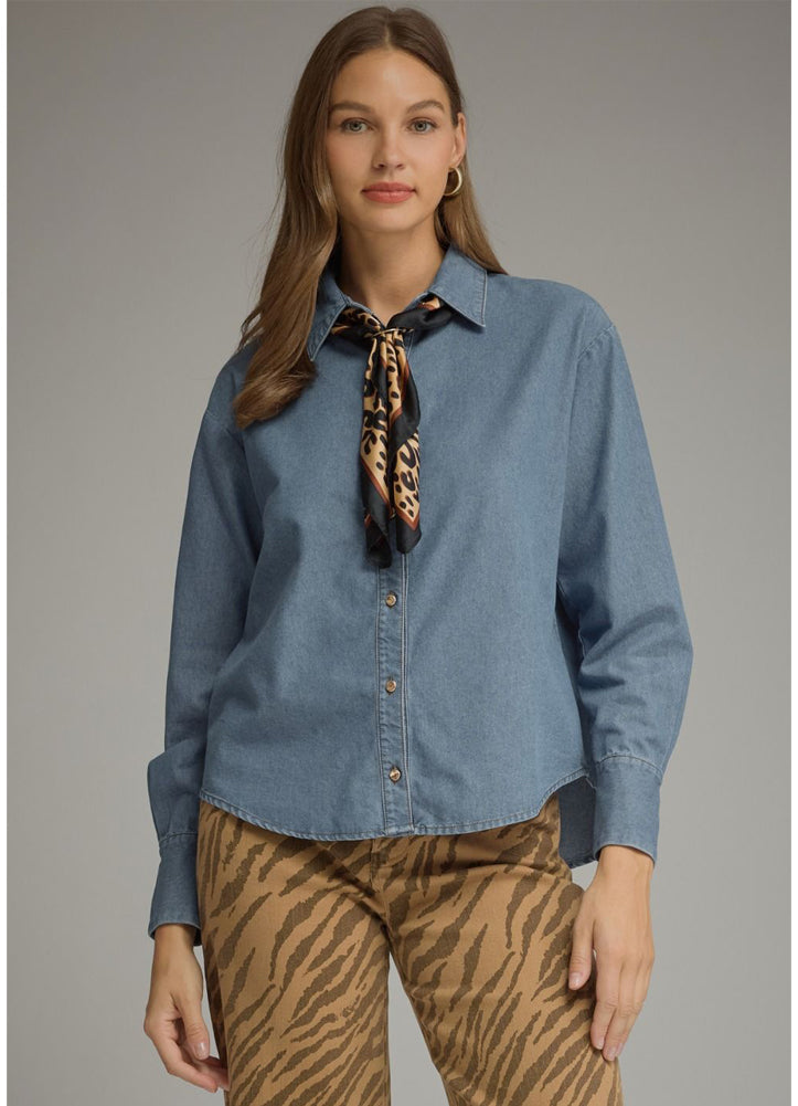 LS Top with Shirt Collar in Denim by Entro Inc