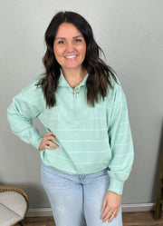 Quarter Zip Mock Neck Pullover in Soft Mint/Cream by Rae Mode