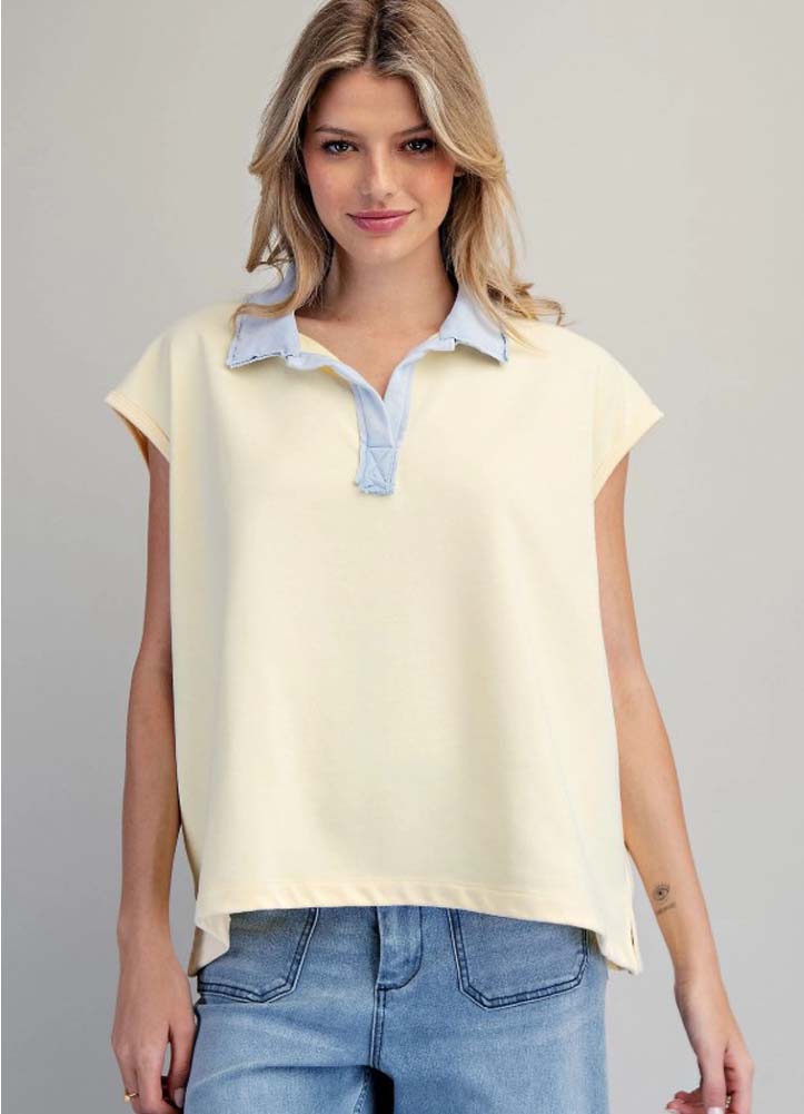Solid Collared Sleeveless Top in Butter Sky by eesome