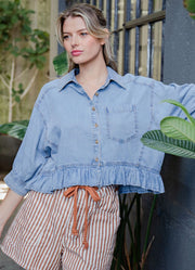 Ruffled Button Down Top in Denim by eesome