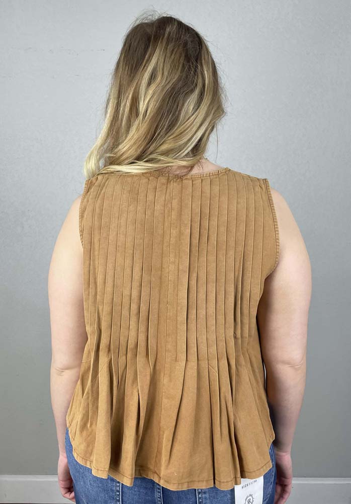 Pleated Tie Front Sleeveless Blouse in Clay by eesome