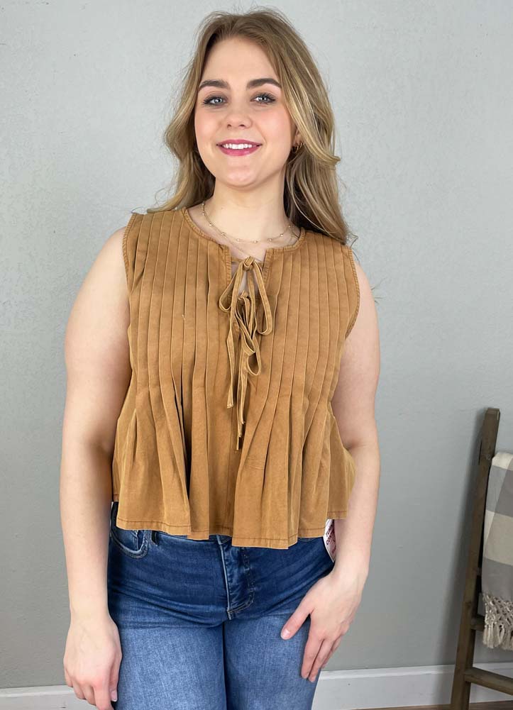 Pleated Tie Front Sleeveless Blouse in Clay by eesome