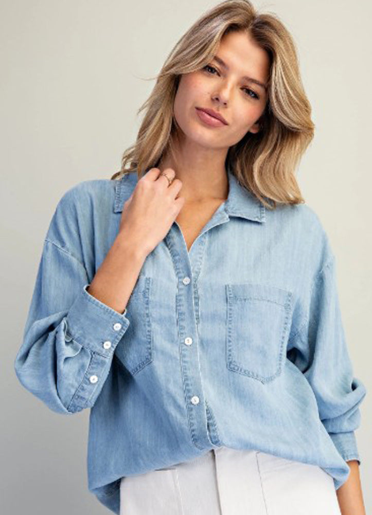 Ruffled V-Neck Blouse in Demin by eesome
