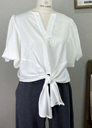 Tie Front Bubble Sleeve Blouse in Off White by eesome