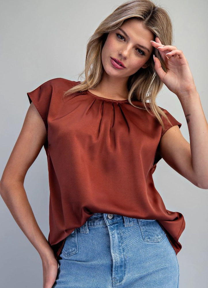 Round Neck Pleated Blouse in Bronze by eesome