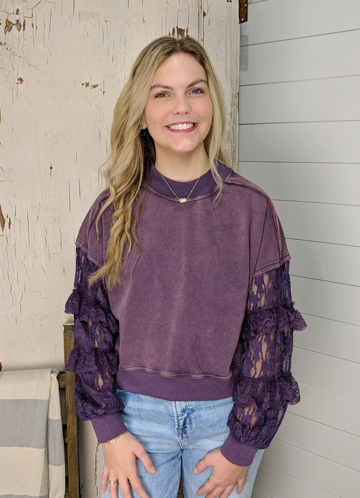 Mineral Washed Lace Sleeve Pullover in Plum Caspia by eesome