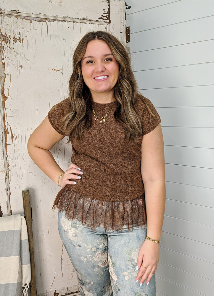 Lace Trim Textured Knit Top in Bark Brown by eesome