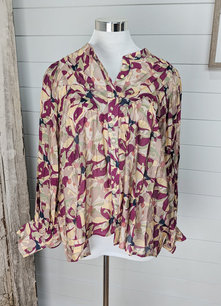 Button Down Botanical Print Blouse in Wine by eesome