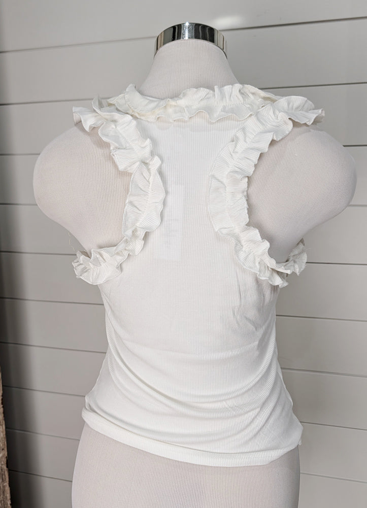 Ruffle Trim Ribbed Racerback Tank in White by Urban Daizy