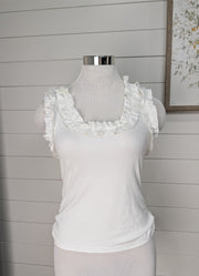 Ruffle Trim Ribbed Racerback Tank in White by Urban Daizy