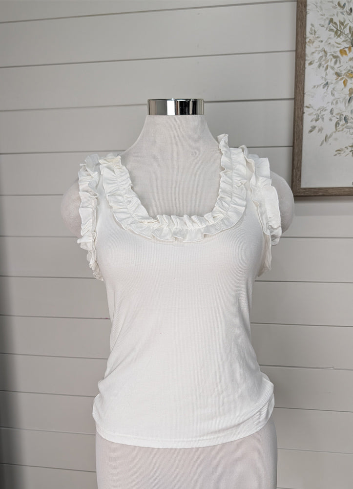 Ruffle Trim Ribbed Racerback Tank in White by Urban Daizy