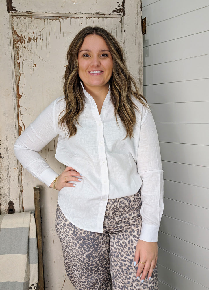Linen LS Button Down Blouse in White by Urban Daizy