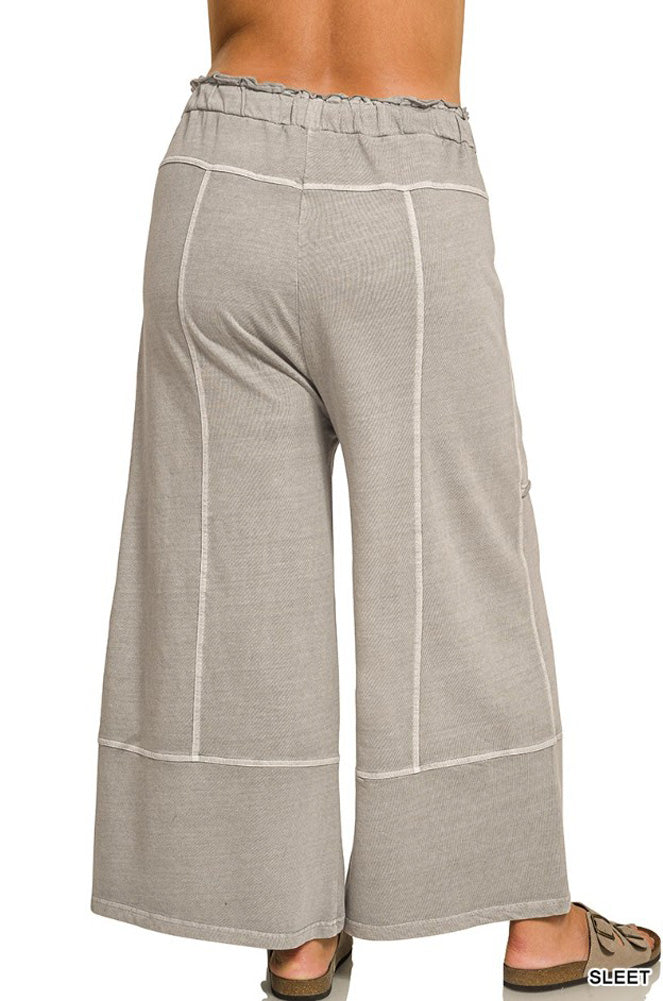 Plus French Terry Washed Wide Leg Pants in Sleet by Zenana